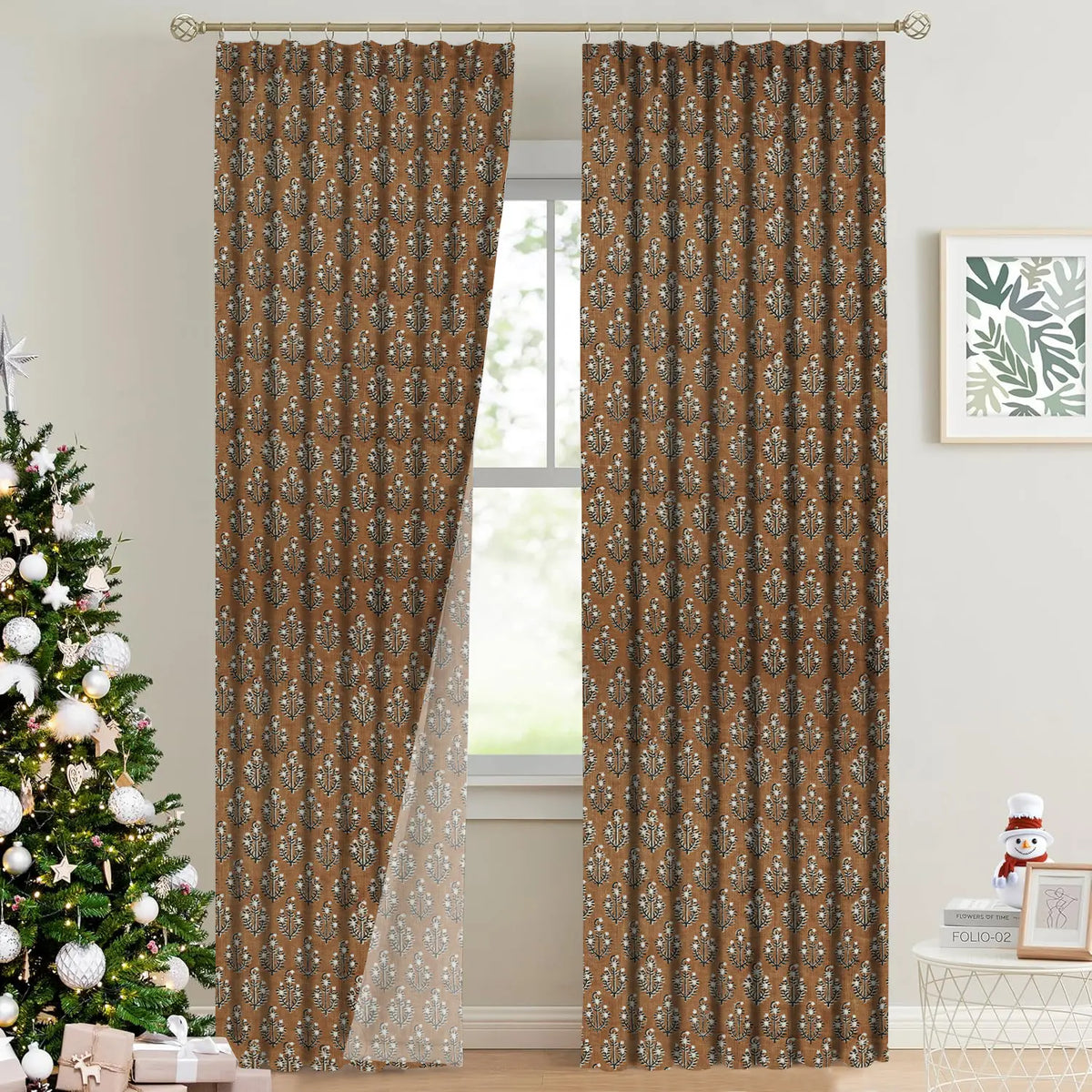 Handblock Print Thick Linen Pleated Curtain - Neelg]agan