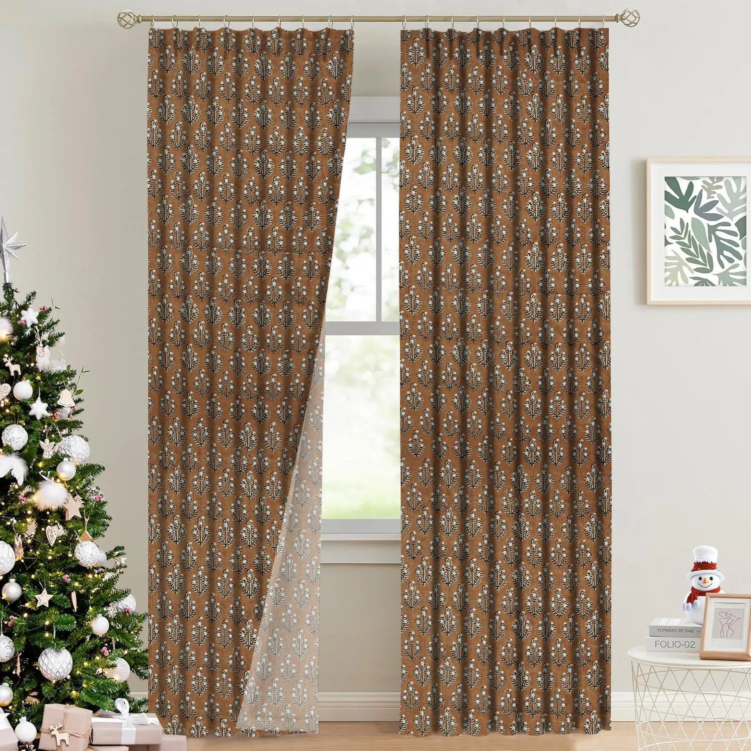 Handblock Print Thick Linen Pleated Curtain - Neelg]agan