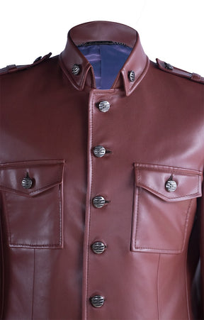 Wine-red synthetic leather military-style jacket
