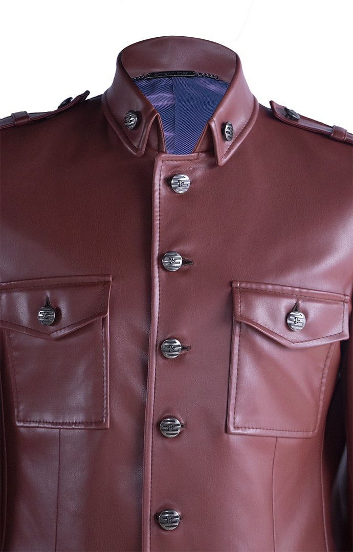Wine-red synthetic leather military-style jacket