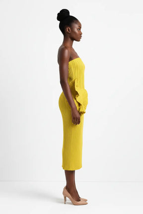 Ghia Sculptural Ruffle Pleated Midi Dress
