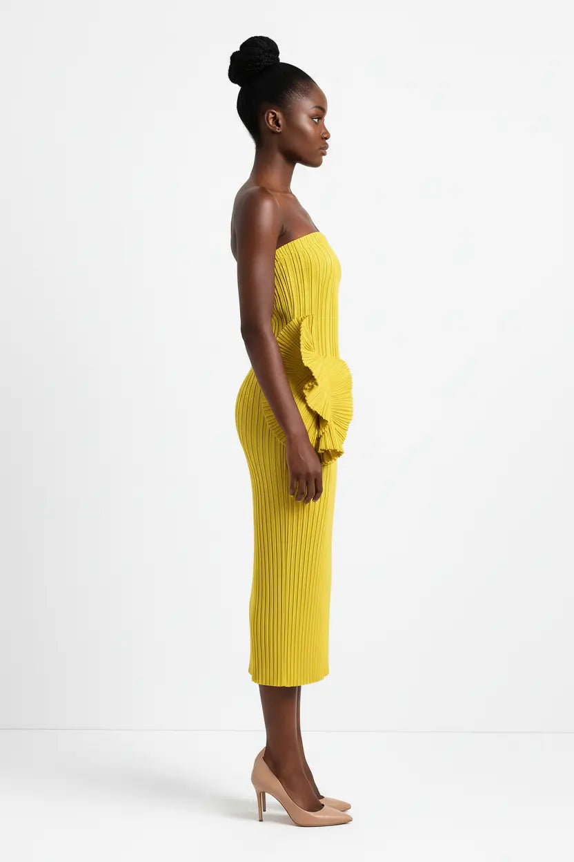 Ghia Sculptural Ruffle Pleated Midi Dress