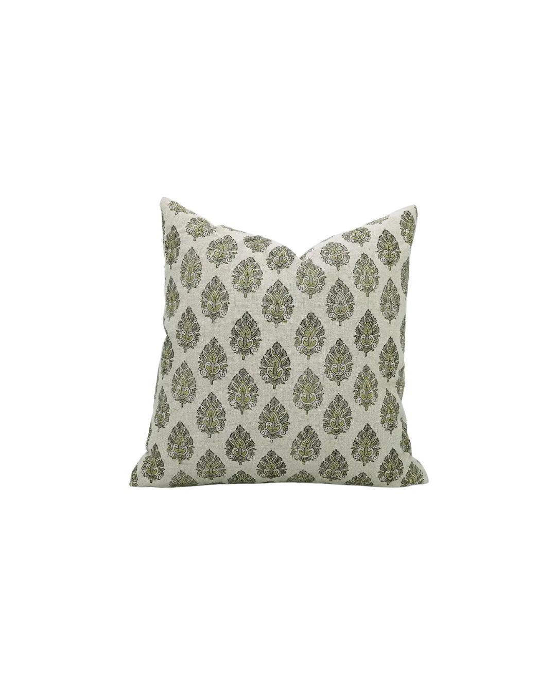 Decorative Hand-Carved Block Printed Boho Pure Linen Pillow Cover- Betal Leaf