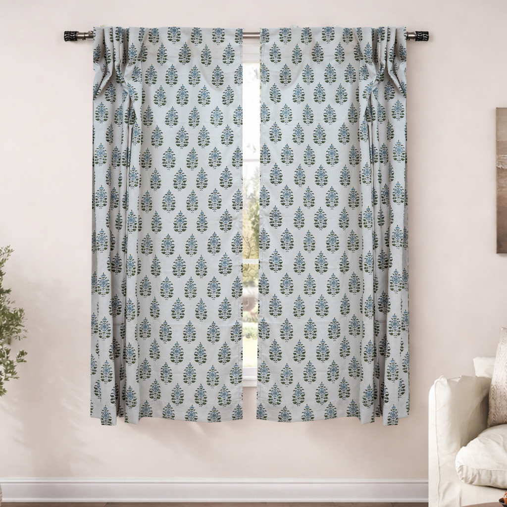 Green Blue Floral Block Print Linen Curtain Handmade Boho Window Panel - Gulnari