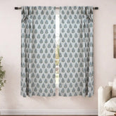 Green Blue Floral Block Print Linen Curtain Handmade Boho Window Panel - Gulnari