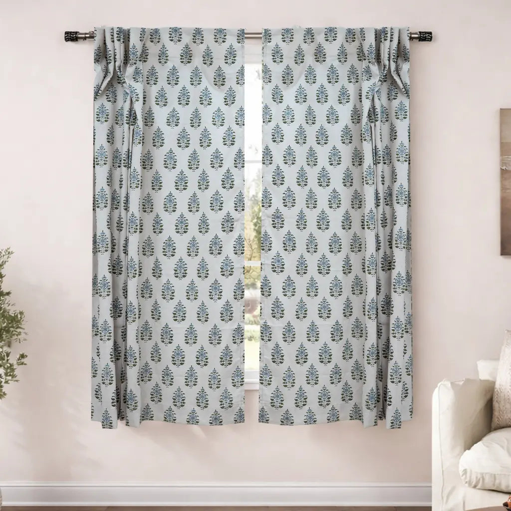 Green Blue Floral Block Print Linen Curtain Handmade Boho Window Panel - Gulnari
