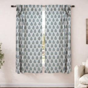 Green Blue Floral Block Print Linen Curtain Handmade Boho Window Panel - Gulnari