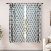 Green Blue Floral Block Print Linen Curtain Handmade Boho Window Panel - Gulnari
