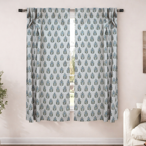 Green Blue Floral Block Print Linen Curtain Handmade Boho Window Panel - Gulnari