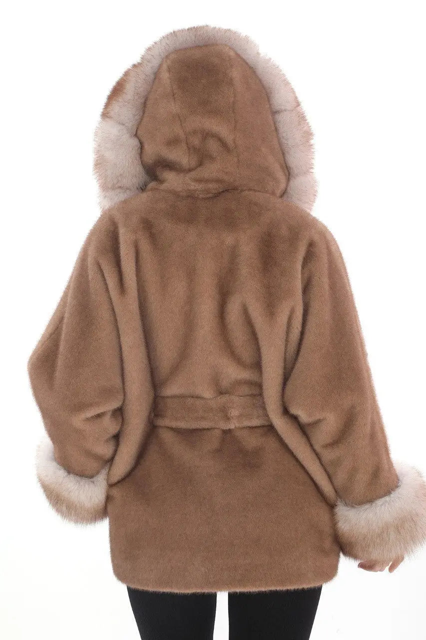Natural Tan Fox Fur Coat with Belted Waist