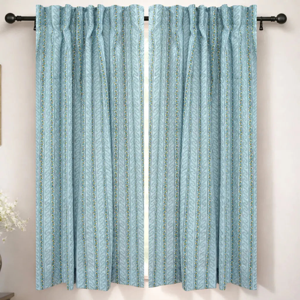 Natural Blue Floral Block Printed Viscose Colored Linen Ring Curtain Panel - Nargis