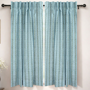 Natural Blue Floral Block Printed Viscose Colored Linen Ring Curtain Panel - Nargis