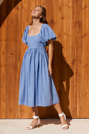 Cherie Puff Sleeve Midi Dress - Caribbean Blue