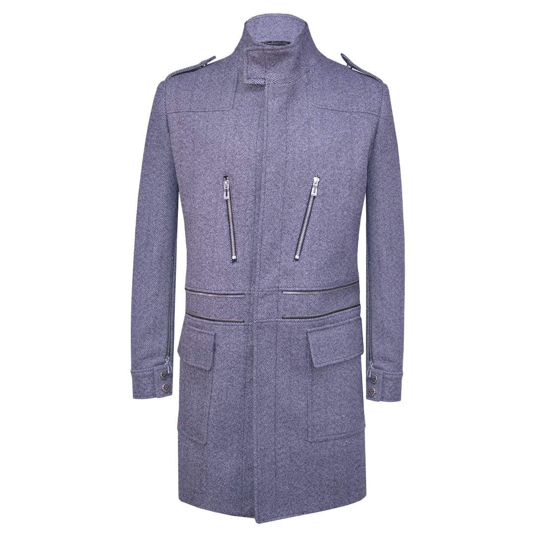 Gray coat featuring snaps and zipper details