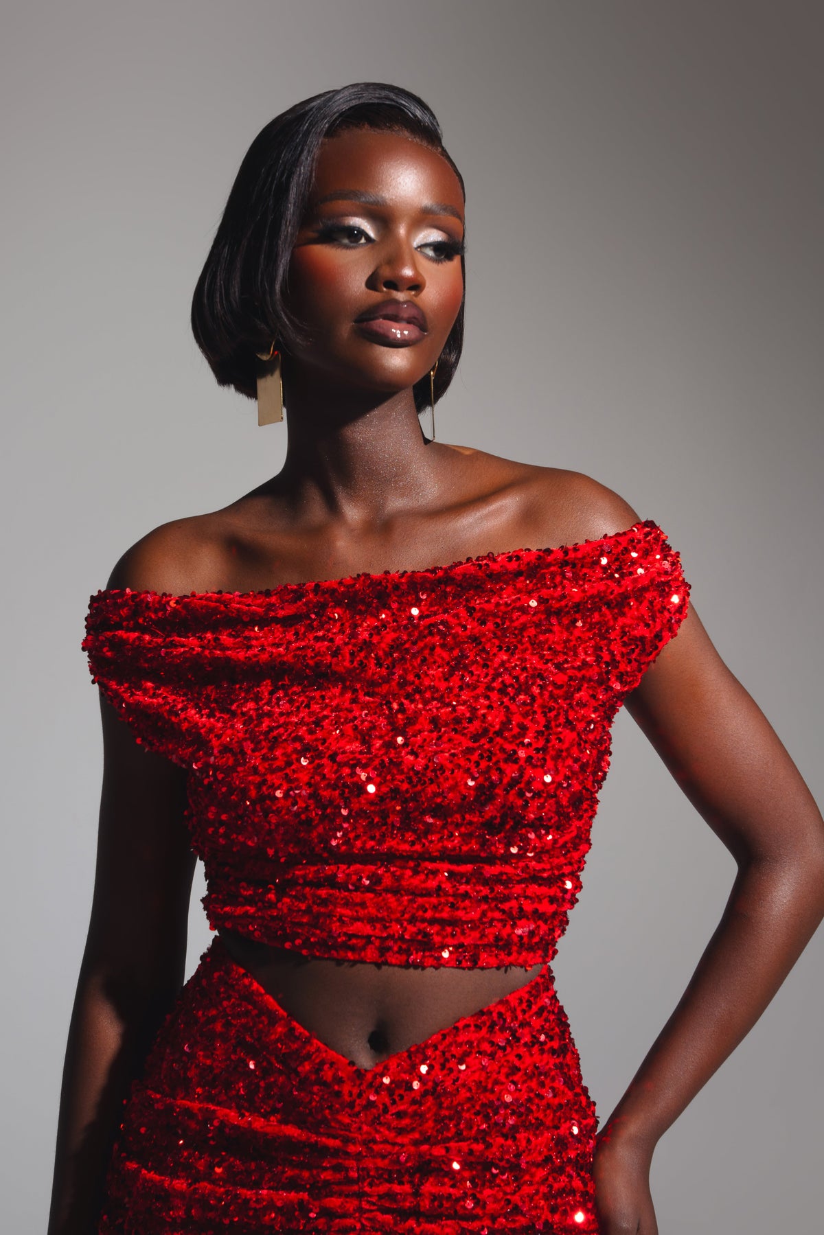 JESS Sequin Cowl Crop Top in RUBY