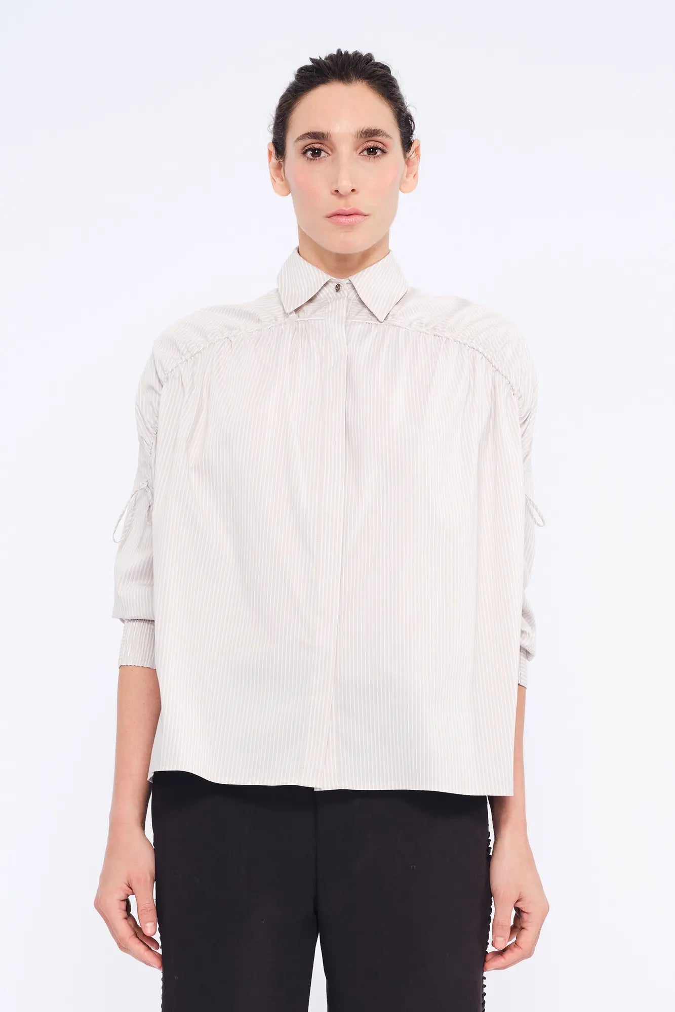 Star Gathered Shoulder Blouse | Striped Sand