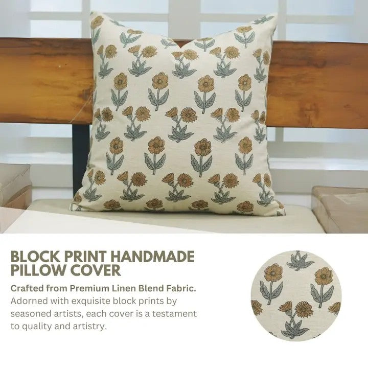 Heritage Block Design Linen Blend Pillow Cover - Kirti