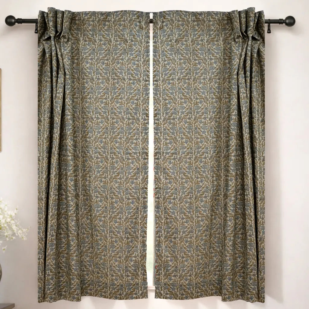 Gray Green Floral Block Print Linen Curtain Handmade Light Filtering Panel - Vanmala