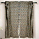 Gray Green Floral Block Print Linen Curtain Handmade Light Filtering Panel - Vanmala