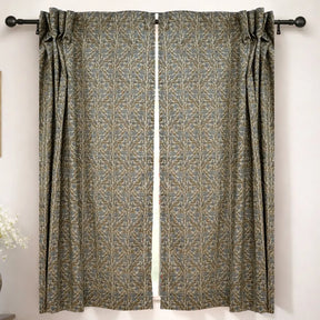Gray Green Floral Block Print Linen Curtain Handmade Light Filtering Panel - Vanmala