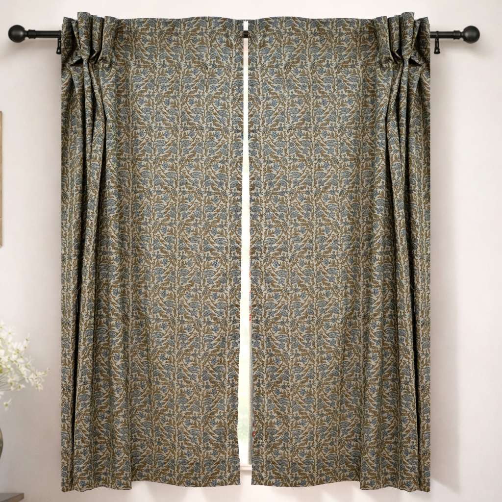 Gray Green Floral Block Print Linen Curtain Handmade Light Filtering Panel - Vanmala