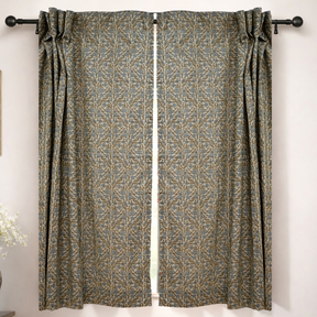 Gray Green Floral Block Print Linen Curtain Handmade Light Filtering Panel - Vanmala