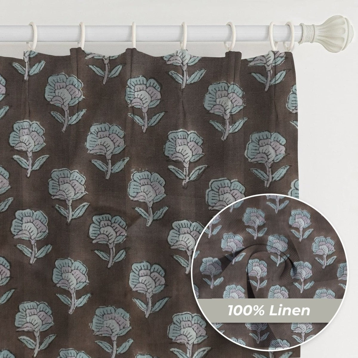 Floral Block Print Pure Linen Pleated Curtain - Rohini
