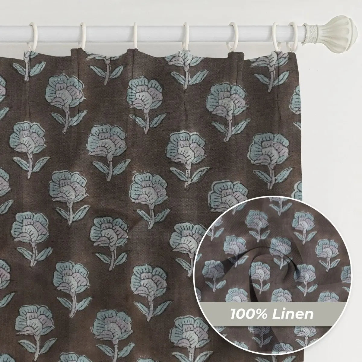 Floral Block Print Pure Linen Pleated Curtain - Rohini