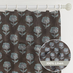Floral Block Print Pure Linen Pleated Curtain - Rohini