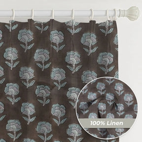 Floral Block Print Pure Linen Pleated Curtain - Rohini