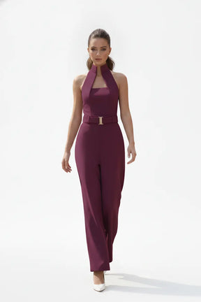 Wine High-collar Jumpsuit – Gold Buckle