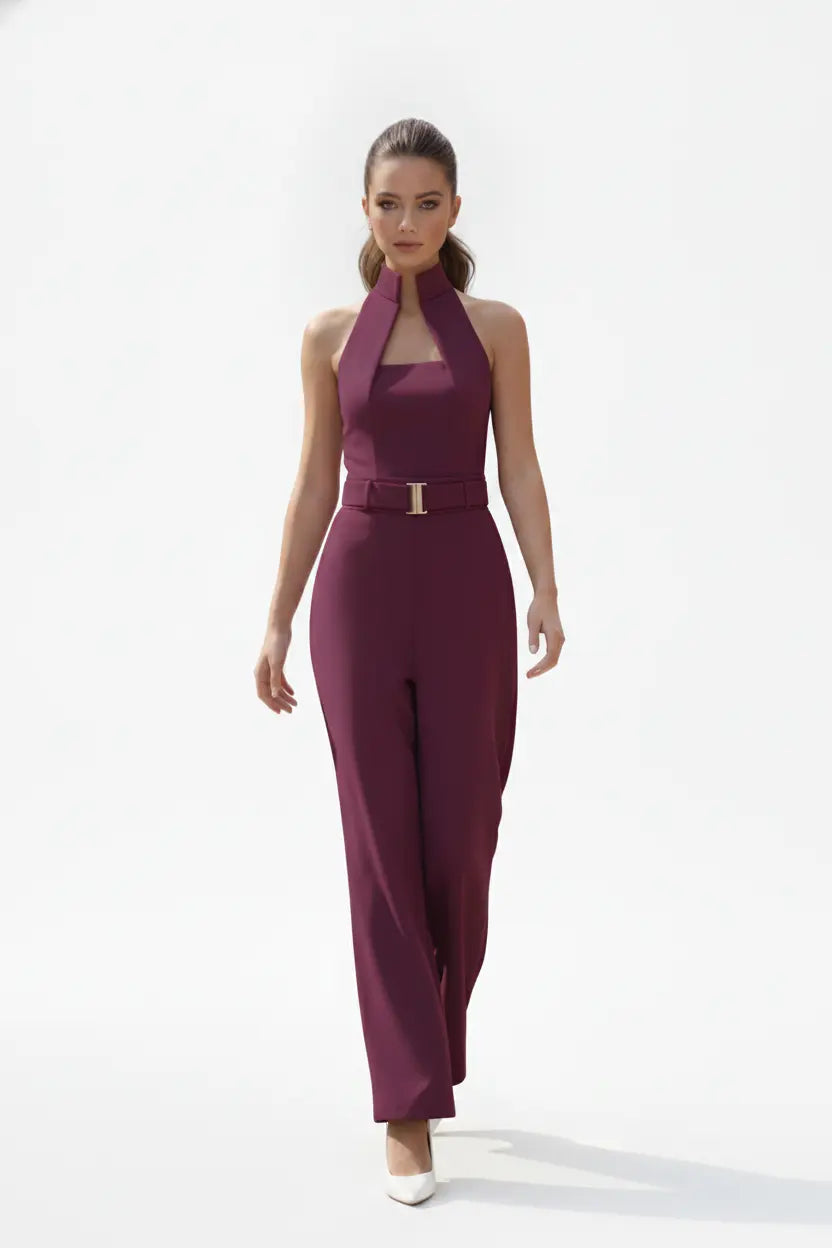 Wine High-collar Jumpsuit – Gold Buckle