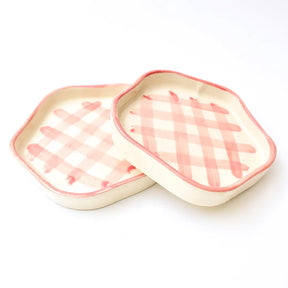 Ceramic Gingham Coasters - Pink Checkered , 4.7 Inches