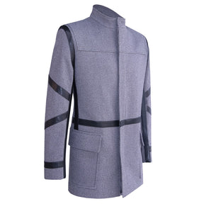 Gray coat with black synthetic fabric accents