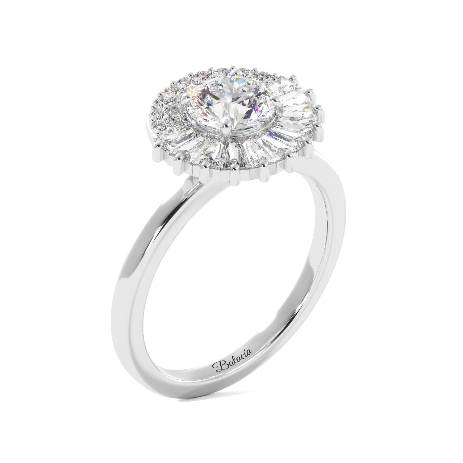 Round Tapered Baguette Halo Diamond Engagement Ring