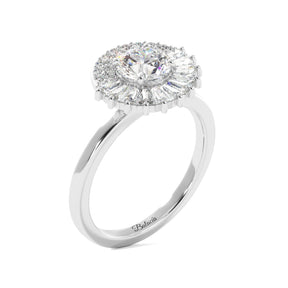Round Tapered Baguette Halo Diamond Engagement Ring