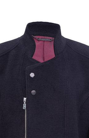 Black coat featuring zipper and snap closures