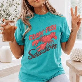 Crawfish Season Retro Lobster Graphic T-Shirt | Bright Teal Turquoise Cotton Tee