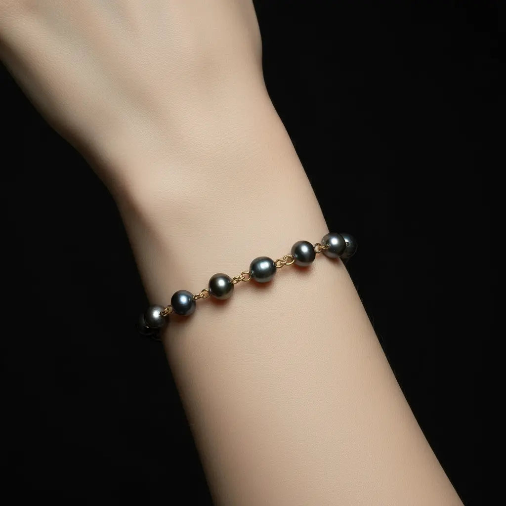 14k Gold Linked Black Pearl Bracelet