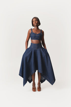 Denim Pinstripe ABI Corset Handkerchief Skirt