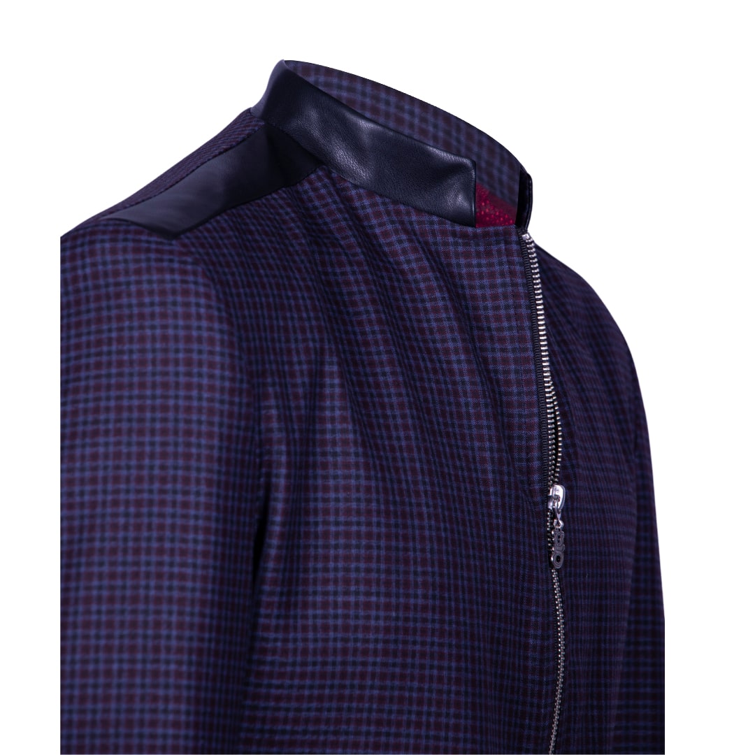 Purple checkered blazer with synthetic collar