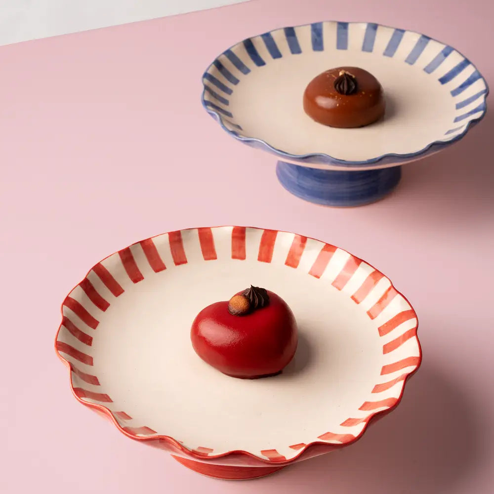 Ceramic Stripe Cake Stand, Blue - 10 x 10 x 3.75 Inches