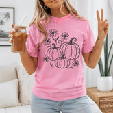 Floral Pumpkin Patch Autumn Graphic T-Shirt | Light Pink Fall Wildflower Cotton Tee