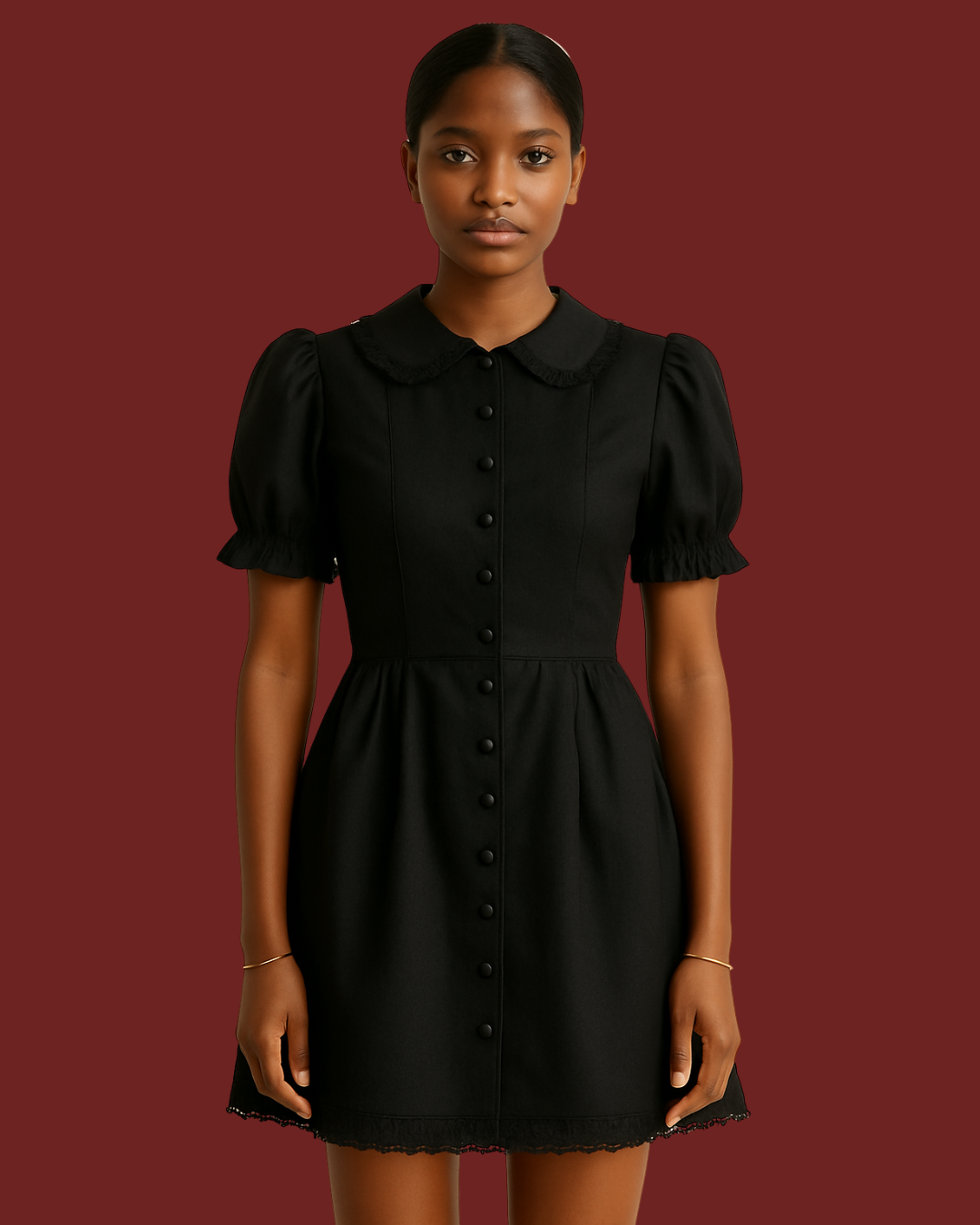 Noir Puff Sleeve Mini Dress – Black Cotton-Linen with Peter Pan Collar