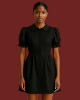 Noir Puff Sleeve Mini Dress – Black Cotton-Linen with Peter Pan Collar