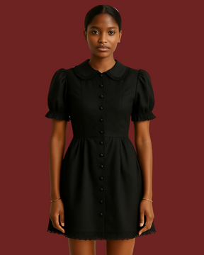Noir Puff Sleeve Mini Dress – Black Cotton-Linen with Peter Pan Collar