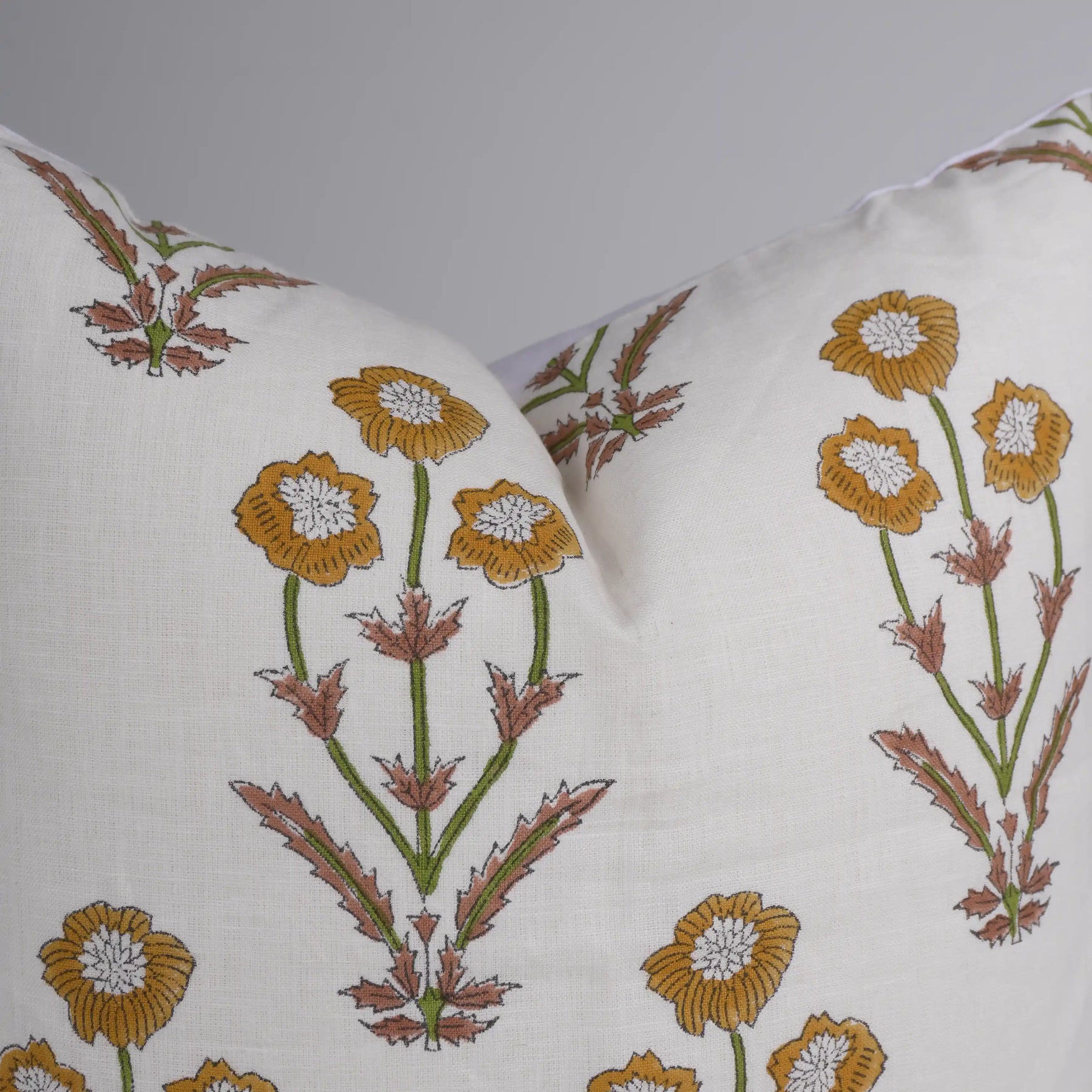 Boho Floral Block Print Pure Linen Pillow Cover - Amitabh