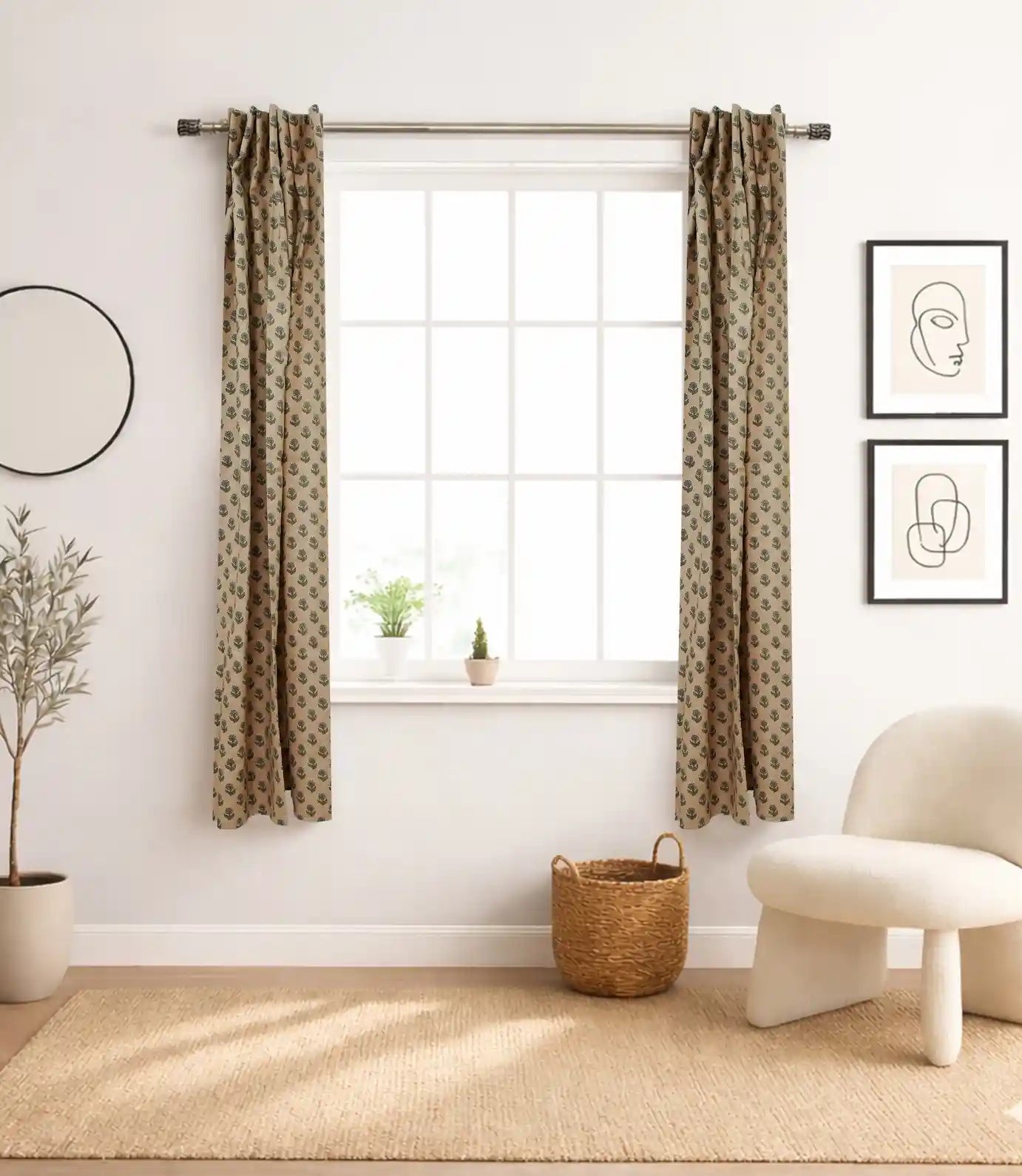 Palak Handmade Bohemian Block Print Viscose Color Linen Window Curtain