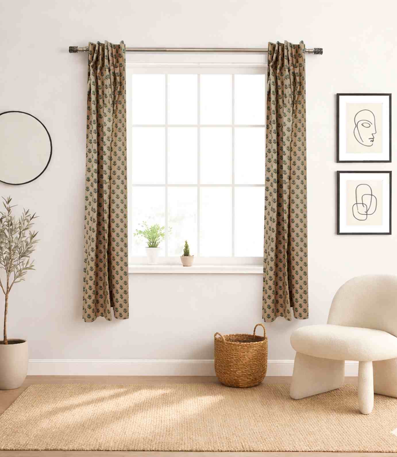 Handmade Bohemian Block Print Viscose Color Linen Window Curtain Panel - Palak