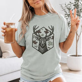 Majestic Buck Deer Camo Crest Graphic T-Shirt | Sage Mint Green Hunting Outdoor Cotton Tee